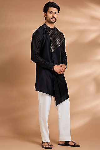 Black Cotton Satin Kurta by Amit Aggarwal Men