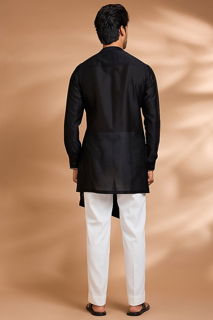 Black Cotton Satin Kurta by Amit Aggarwal Men at Pernia's Pop Up Shop