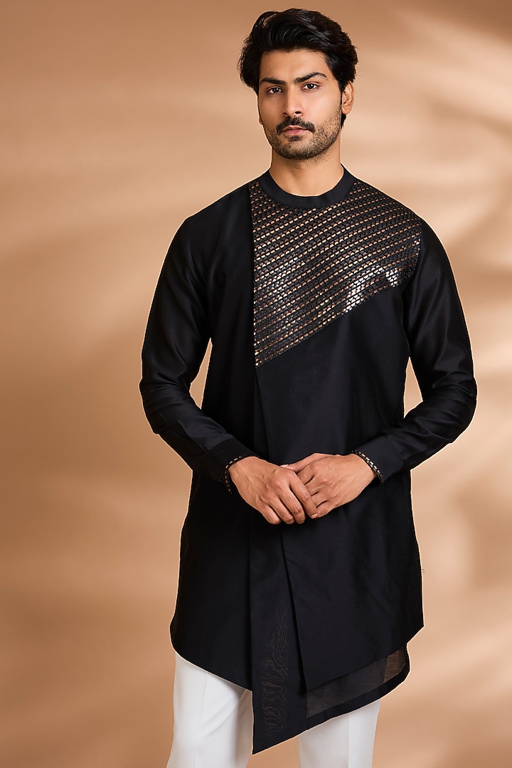 Black Cotton Satin Kurta by Amit Aggarwal Men at Pernia's Pop Up Shop