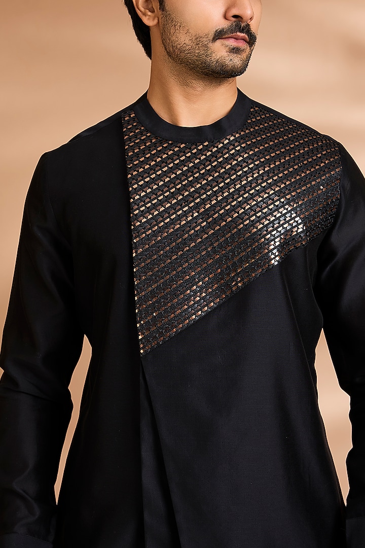 Black Cotton Satin Kurta by Amit Aggarwal Men at Pernia's Pop Up Shop
