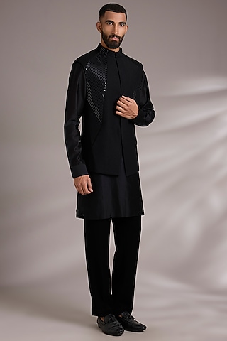 Black Cotton Satin Bundi Jacket Set by Amit Aggarwal Men