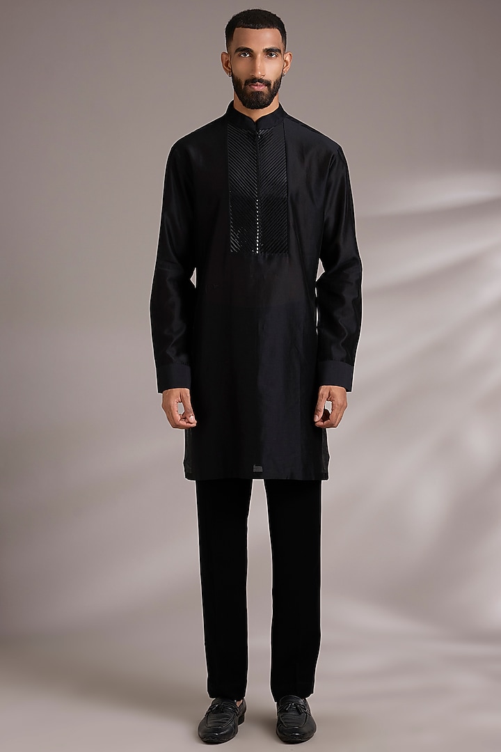 Black Cotton Satin Bundi Jacket Set by Amit Aggarwal Men at Pernia's Pop Up Shop