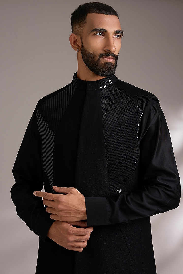 Black Cotton Satin Bundi Jacket Set by Amit Aggarwal Men at Pernia's Pop Up Shop
