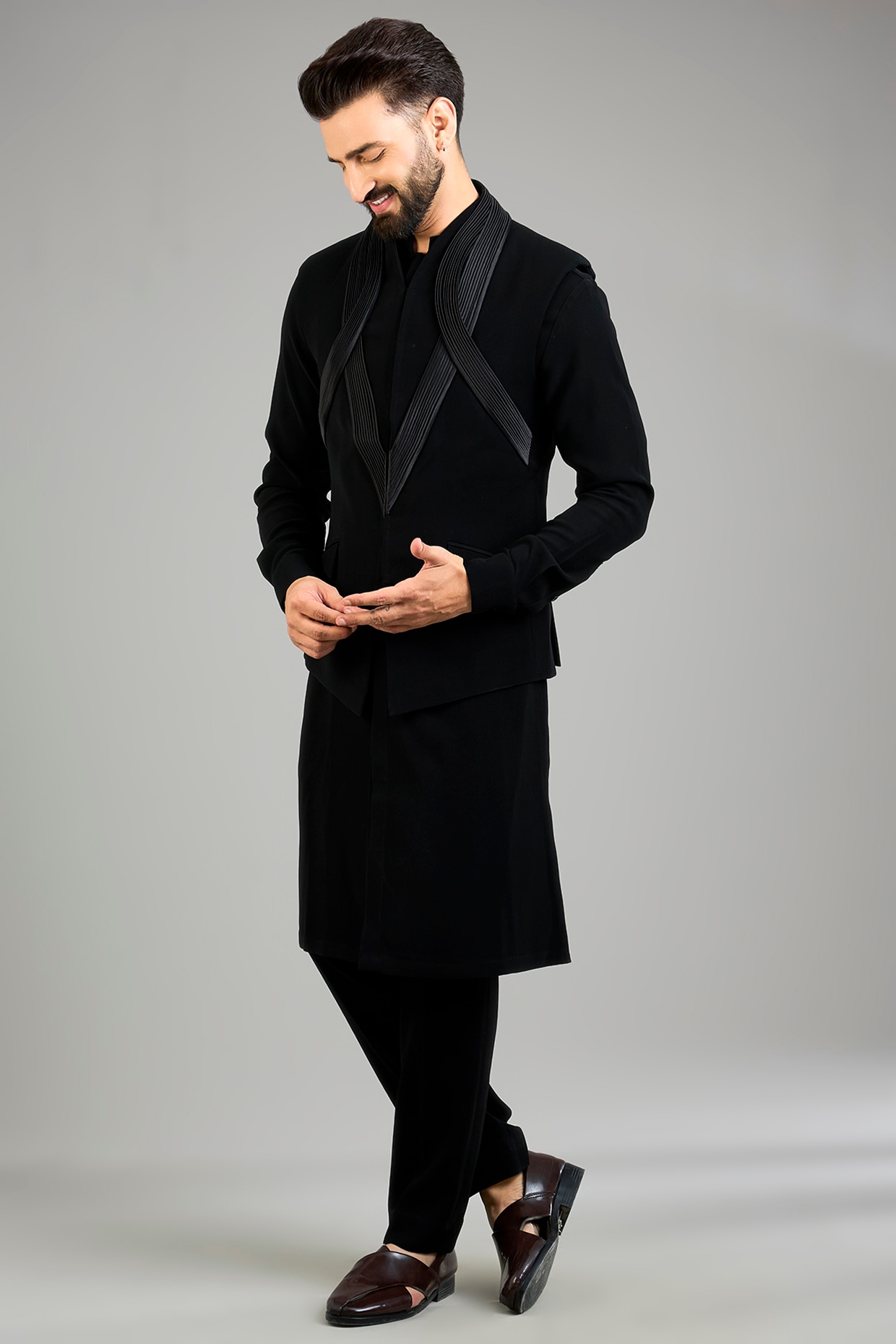 Amit Aggarwal Black Suiting Fabric Bundi Jacket Set