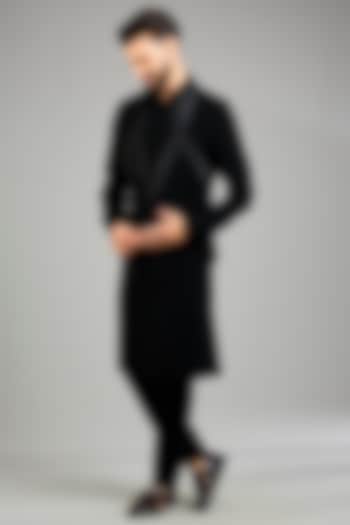 Black Suiting Fabric Bundi Jacket Set by Amit Aggarwal Men at Pernia's Pop Up Shop