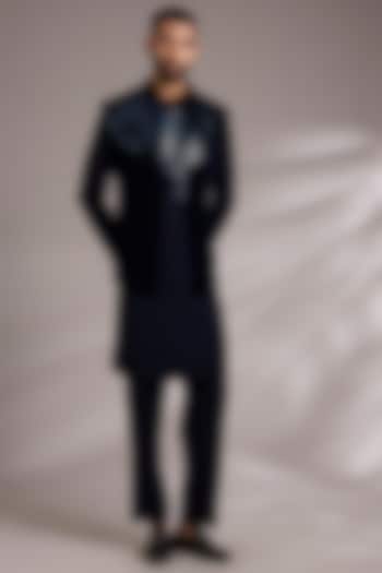 Ink Blue Cotton Satin Bundi Jacket Set by Amit Aggarwal Men at Pernia's Pop Up Shop