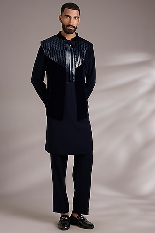 Ink Blue Cotton Satin Bundi Jacket Set by Amit Aggarwal Men