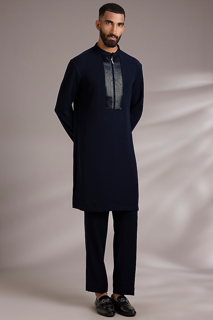 Ink Blue Cotton Satin Bundi Jacket Set by Amit Aggarwal Men at Pernia's Pop Up Shop