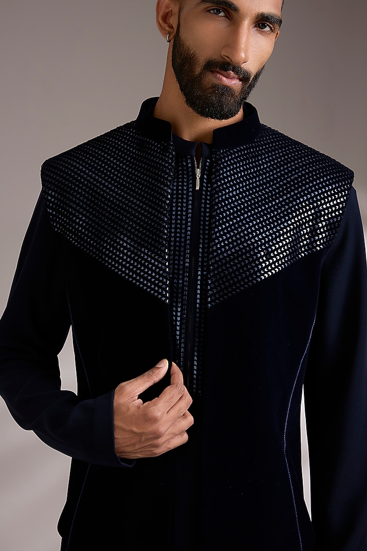 Ink Blue Cotton Satin Bundi Jacket Set by Amit Aggarwal Men at Pernia's Pop Up Shop