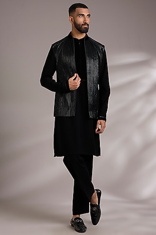Black Cotton Satin Bundi Jacket Set by Amit Aggarwal Men