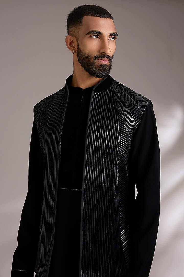Black Cotton Satin Bundi Jacket Set by Amit Aggarwal Men at Pernia's Pop Up Shop