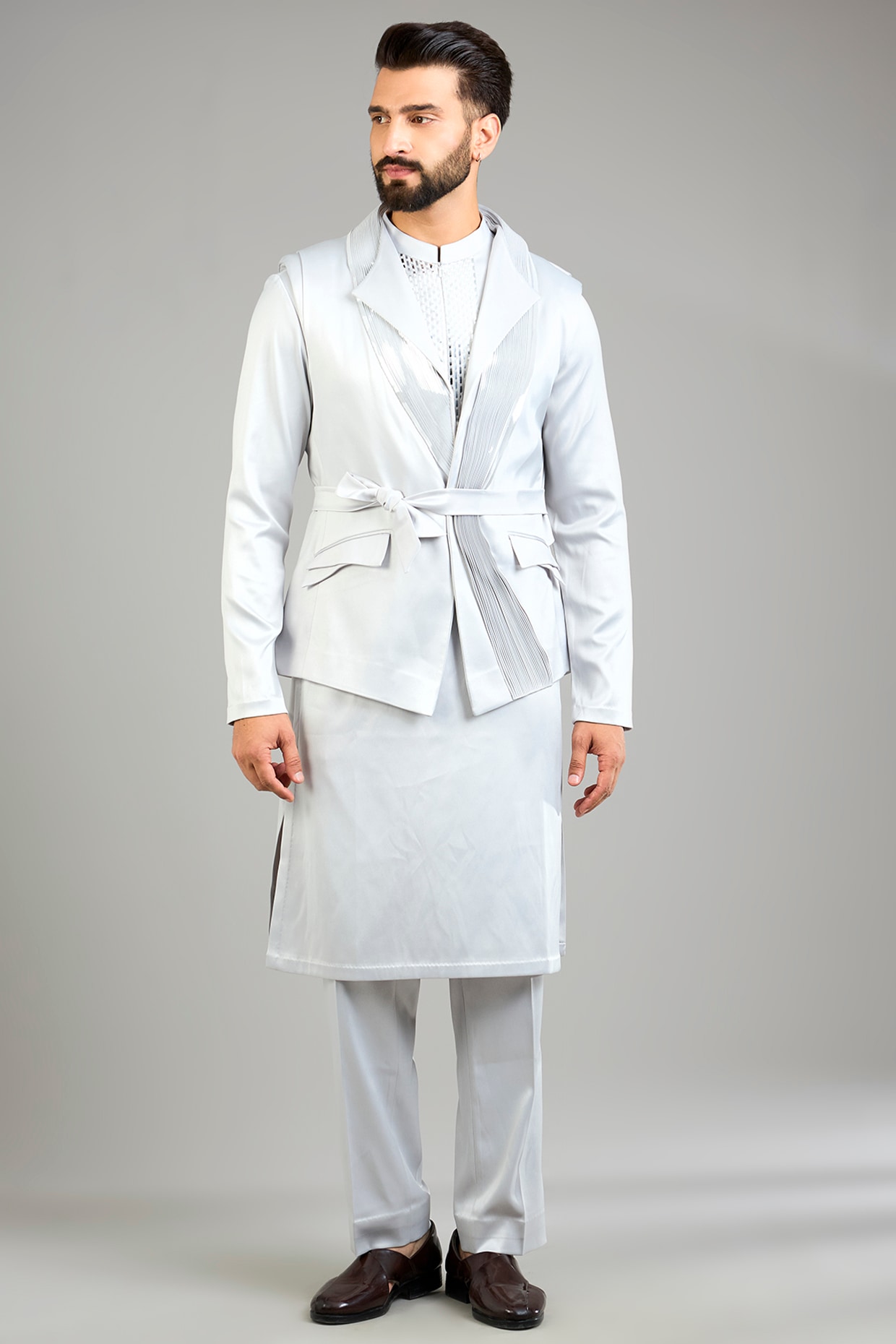 Amit Aggarwal Grey Satin Crepe Bundi Jacket Set