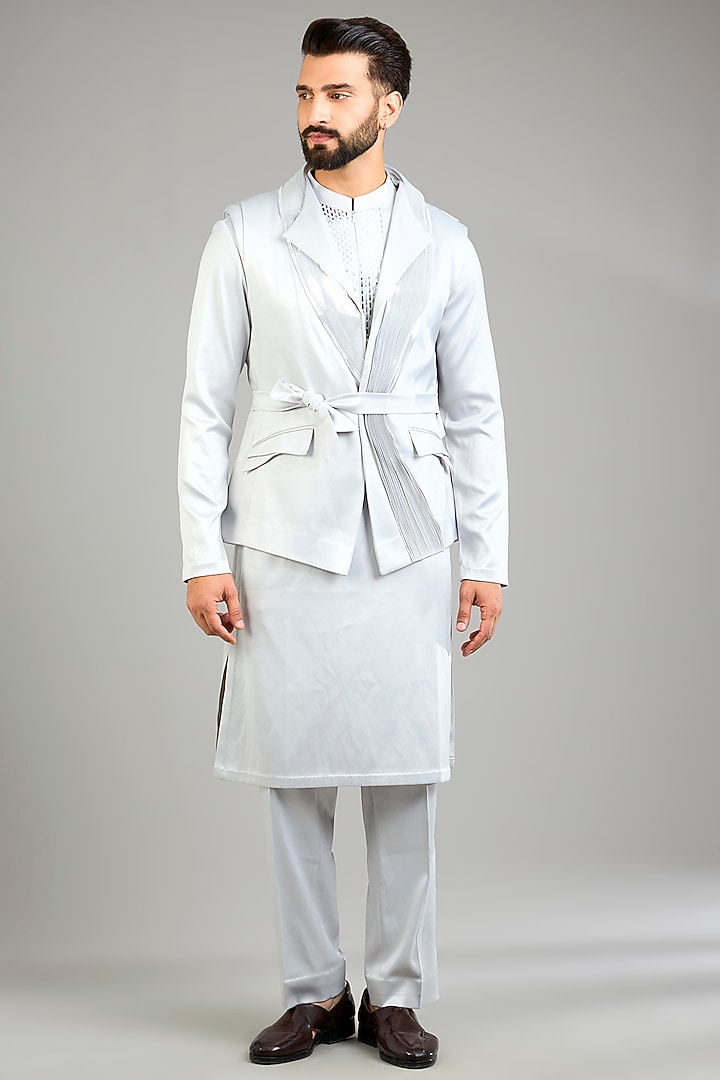 Grey Satin Crepe Bundi Jacket Set by Amit Aggarwal Men at Pernia's Pop Up Shop