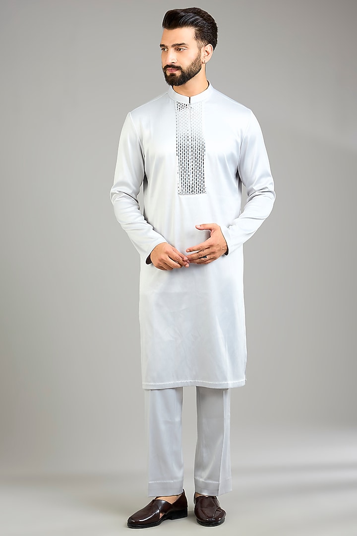 Grey Satin Crepe Bundi Jacket Set by Amit Aggarwal Men at Pernia's Pop Up Shop