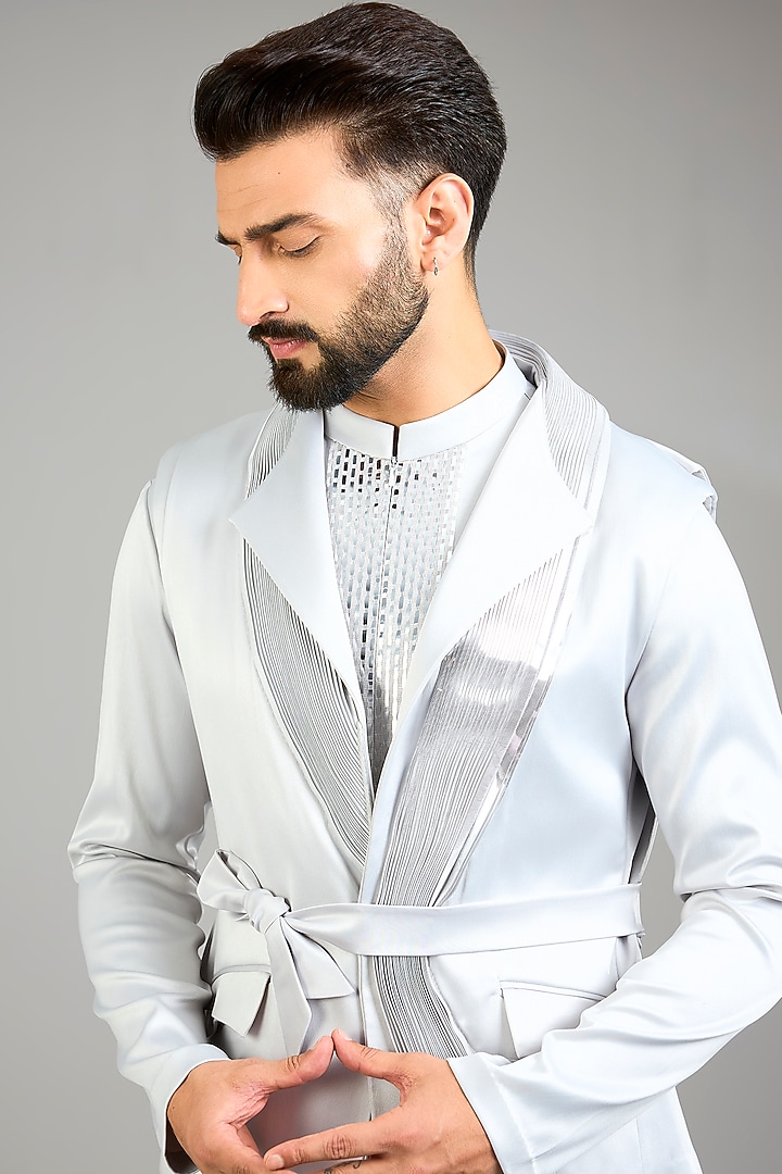 Grey Satin Crepe Bundi Jacket Set by Amit Aggarwal Men at Pernia's Pop Up Shop