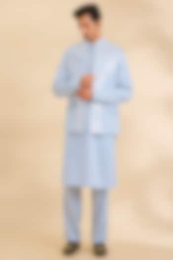 Ice Blue Satin Crepe Bundi Jacket Set by Amit Aggarwal Men at Pernia's Pop Up Shop