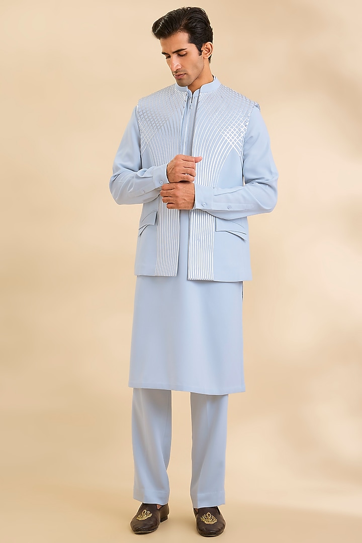 Ice Blue Satin Crepe Bundi Jacket Set by Amit Aggarwal Men at Pernia's Pop Up Shop