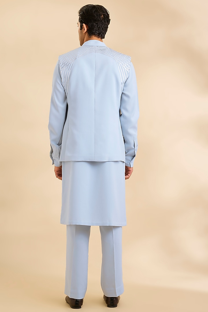 Ice Blue Satin Crepe Bundi Jacket Set by Amit Aggarwal Men at Pernia's Pop Up Shop