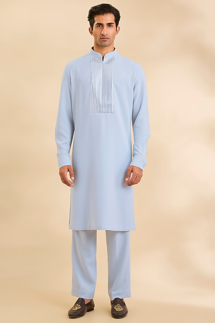 Ice Blue Satin Crepe Bundi Jacket Set by Amit Aggarwal Men at Pernia's Pop Up Shop