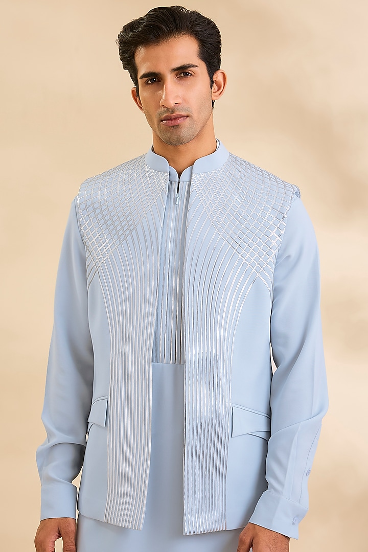 Ice Blue Satin Crepe Bundi Jacket Set by Amit Aggarwal Men at Pernia's Pop Up Shop