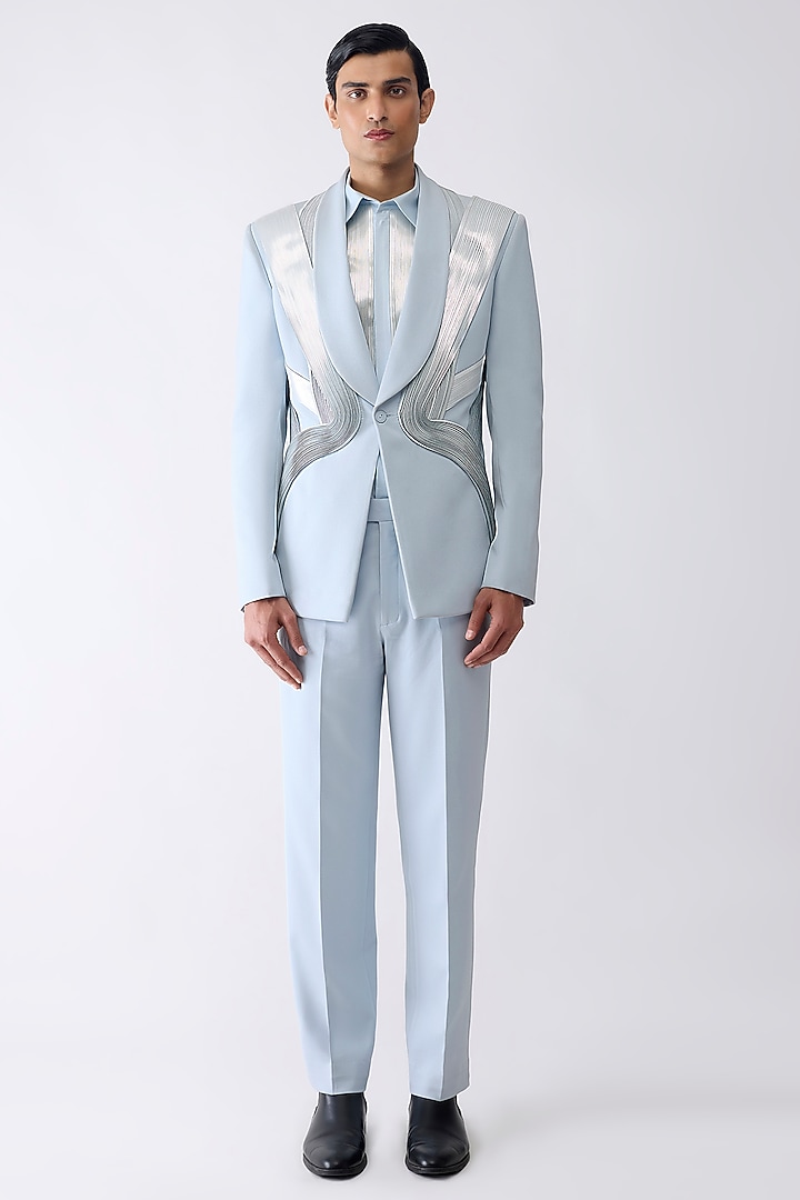 Ice Blue Satin Crepe Tuxedo Set by Amit Aggarwal Men at Pernia's Pop Up Shop