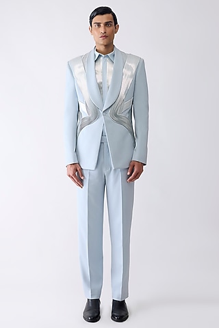 Ice Blue Satin Crepe Tuxedo Set by Amit Aggarwal Men