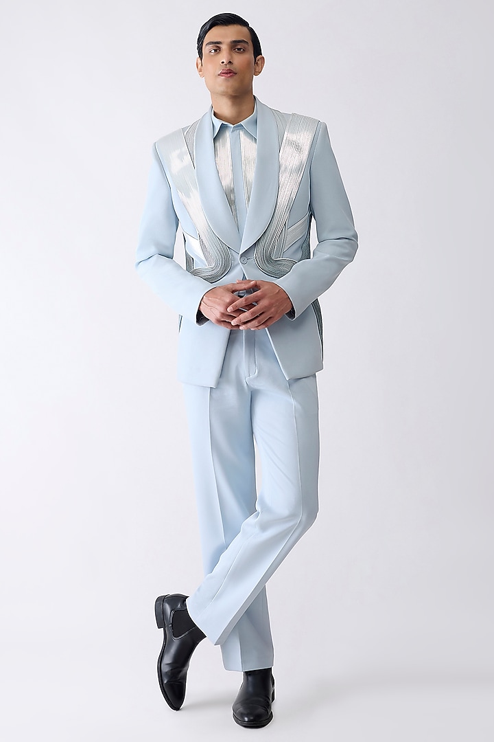Ice Blue Satin Crepe Tuxedo Set by Amit Aggarwal Men at Pernia's Pop Up Shop