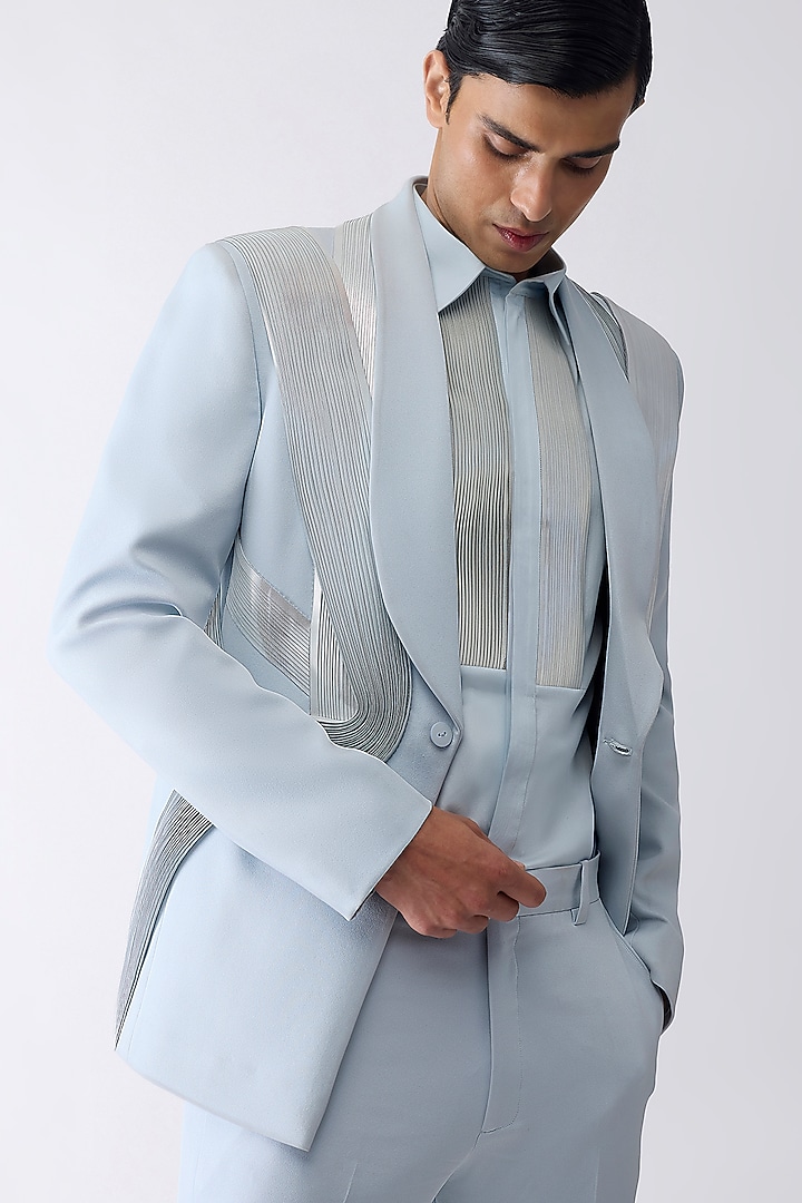 Ice Blue Satin Crepe Tuxedo Set by Amit Aggarwal Men at Pernia's Pop Up Shop