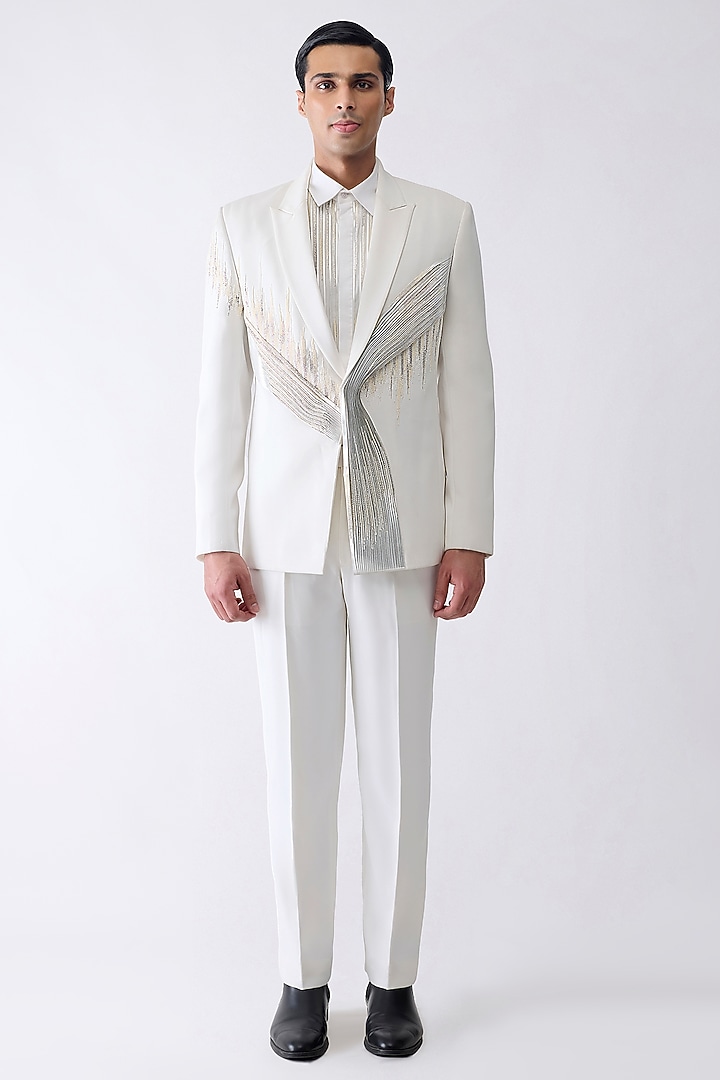 White Satin Crepe Tuxedo Set by Amit Aggarwal Men at Pernia's Pop Up Shop