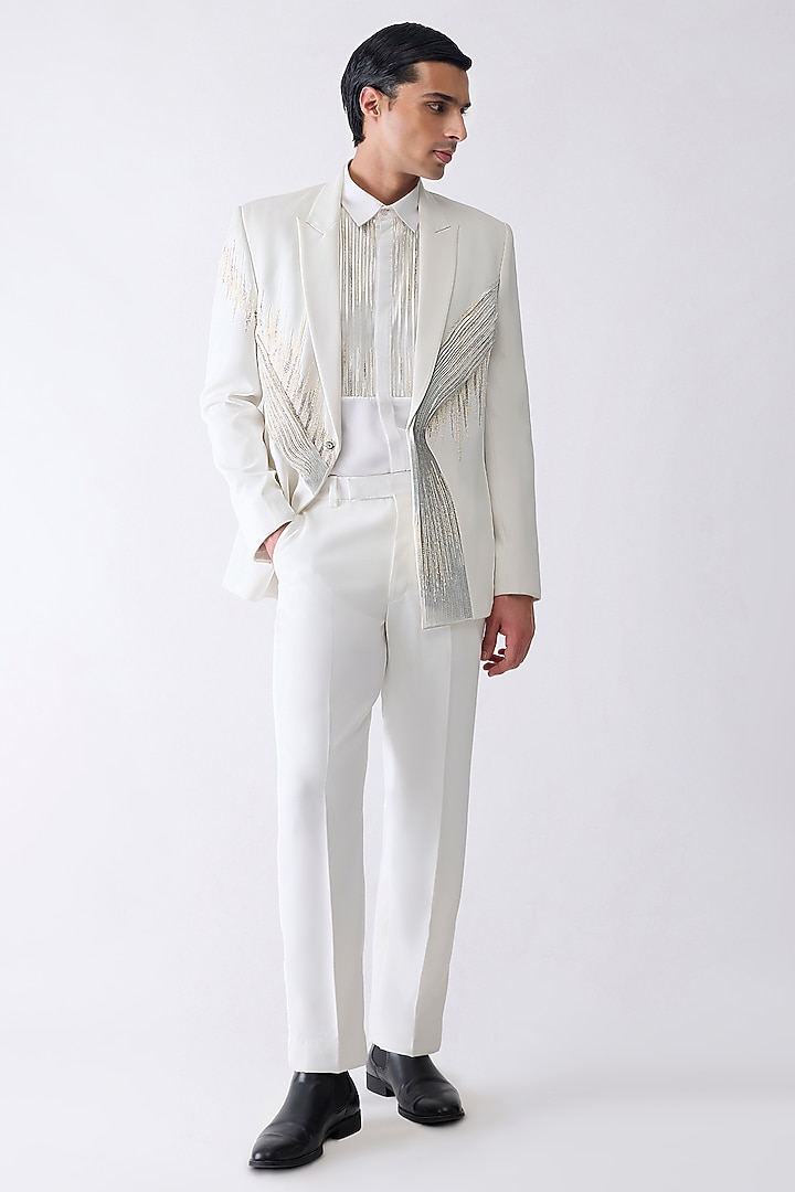 White Satin Crepe Tuxedo Set by Amit Aggarwal Men at Pernia's Pop Up Shop