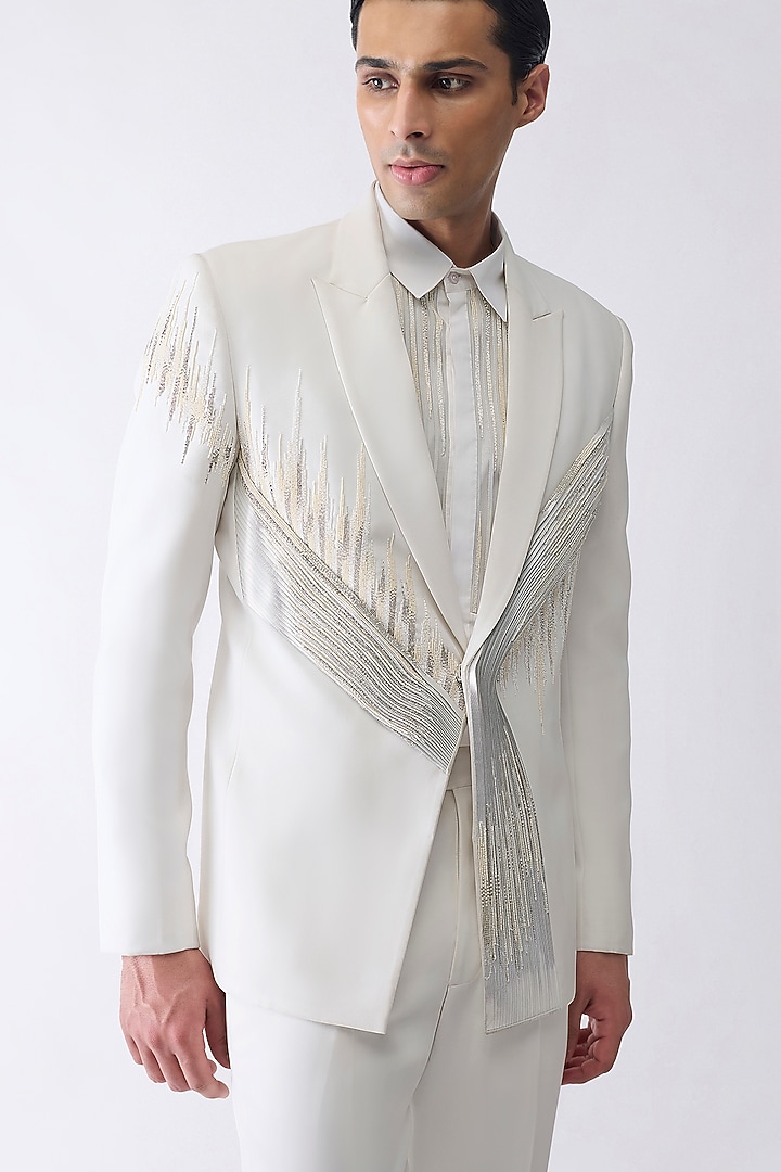 White Satin Crepe Tuxedo Set by Amit Aggarwal Men at Pernia's Pop Up Shop