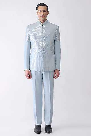 Ice Blue Satin Crepe Bandhgala Set by Amit Aggarwal Men