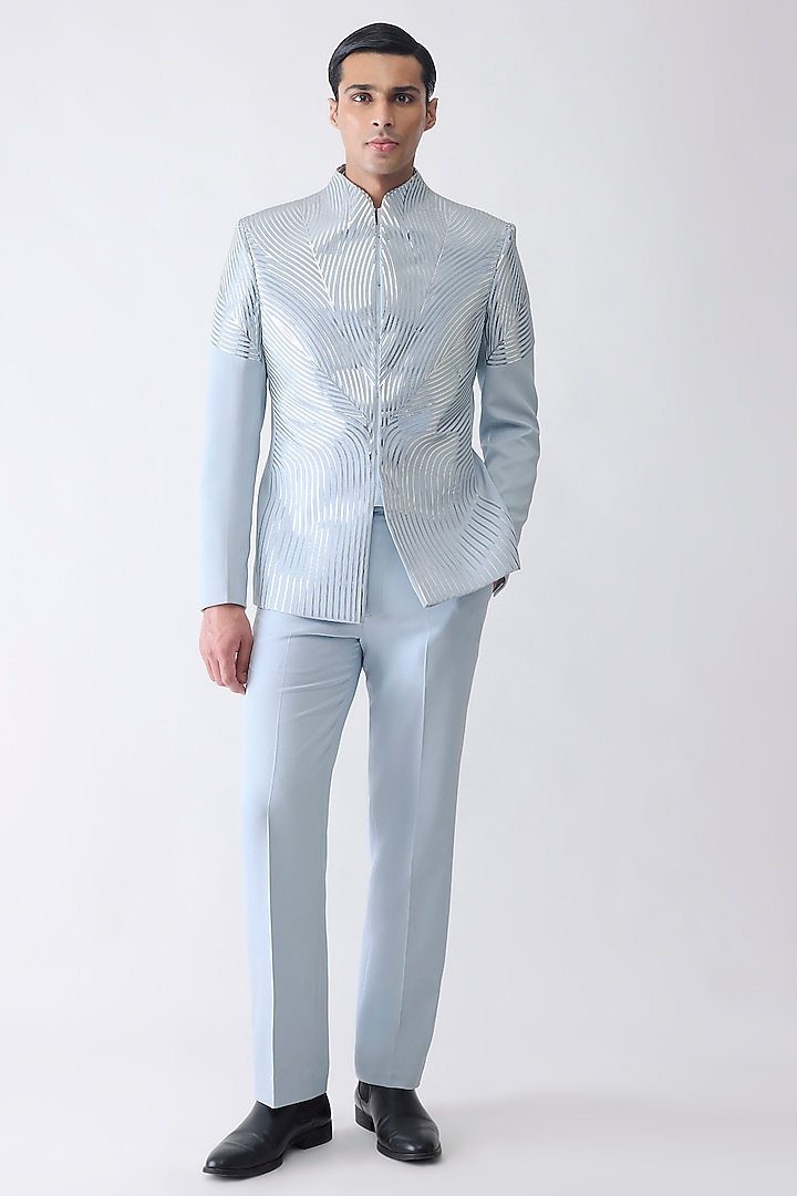 Ice Blue Satin Crepe Groom Bandhgala Set by Amit Aggarwal Men at Pernia's Pop Up Shop