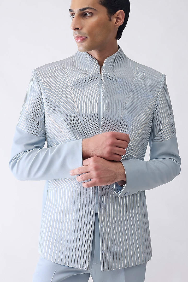 Ice Blue Satin Crepe Groom Bandhgala Set by Amit Aggarwal Men at Pernia's Pop Up Shop
