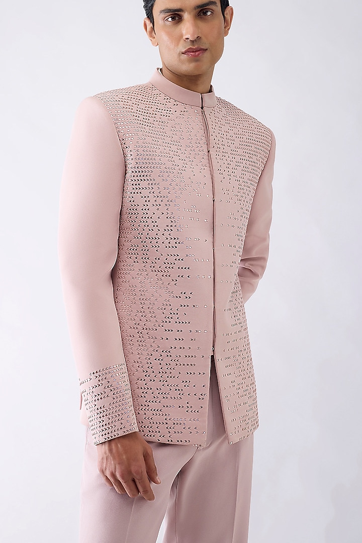 Blush Satin Crepe Groom Bandhgala Set by Amit Aggarwal Men at Pernia's Pop Up Shop