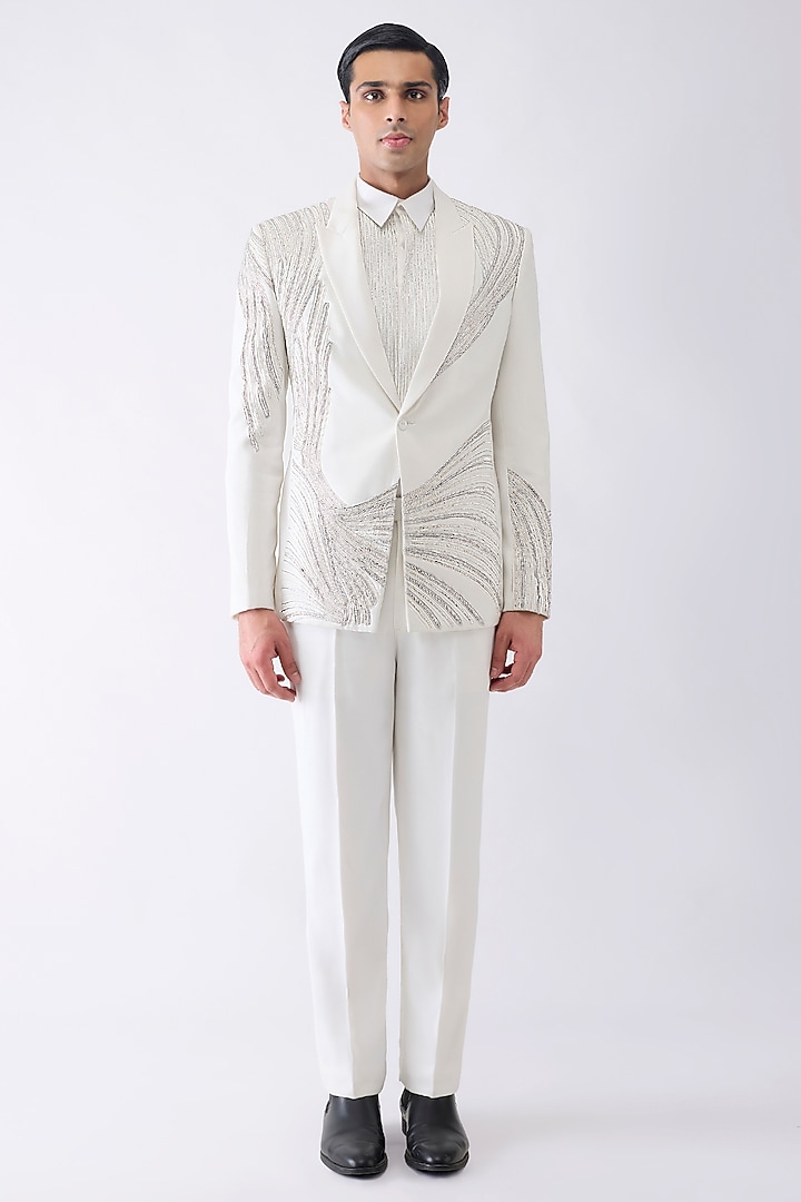White Satin Crepe Tuxedo Set by Amit Aggarwal Men at Pernia's Pop Up Shop