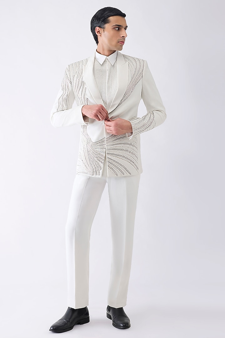 White Satin Crepe Tuxedo Set by Amit Aggarwal Men at Pernia's Pop Up Shop