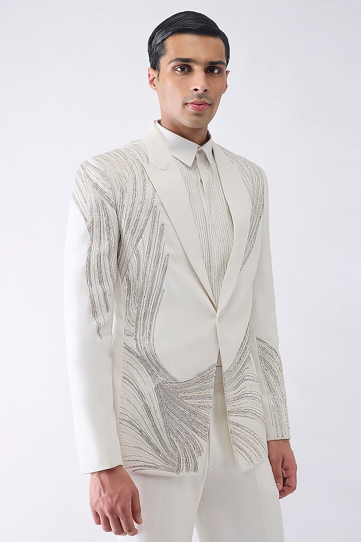 White Satin Crepe Tuxedo Set by Amit Aggarwal Men at Pernia's Pop Up Shop