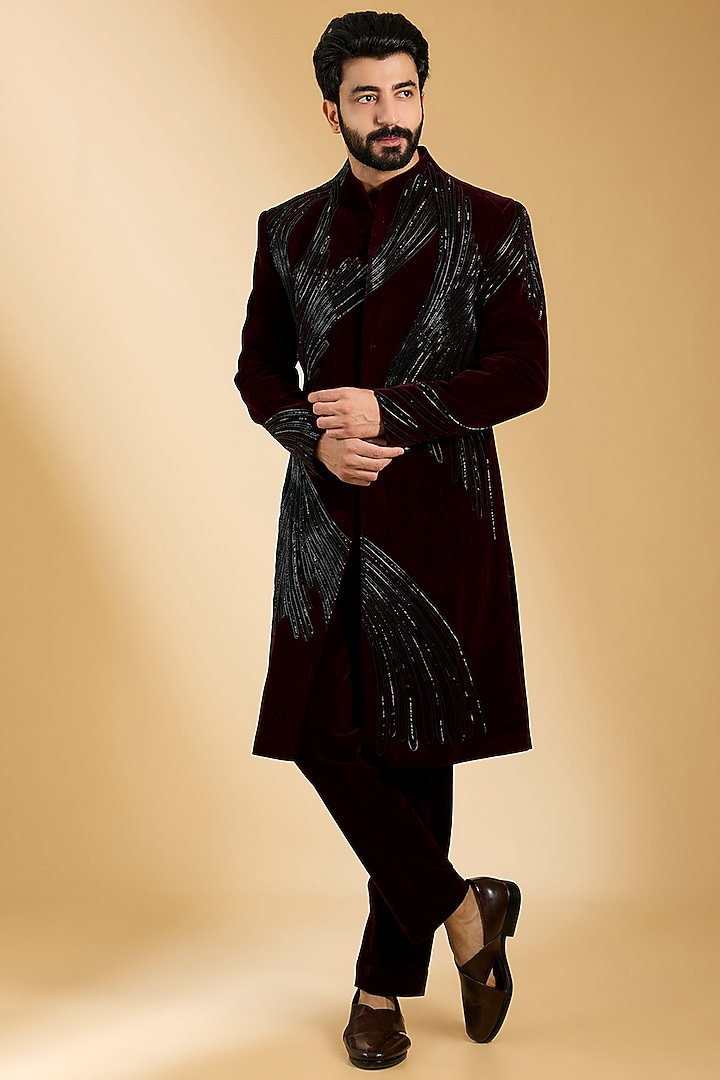 Plum Velvet Indowestern Set by Amit Aggarwal Men