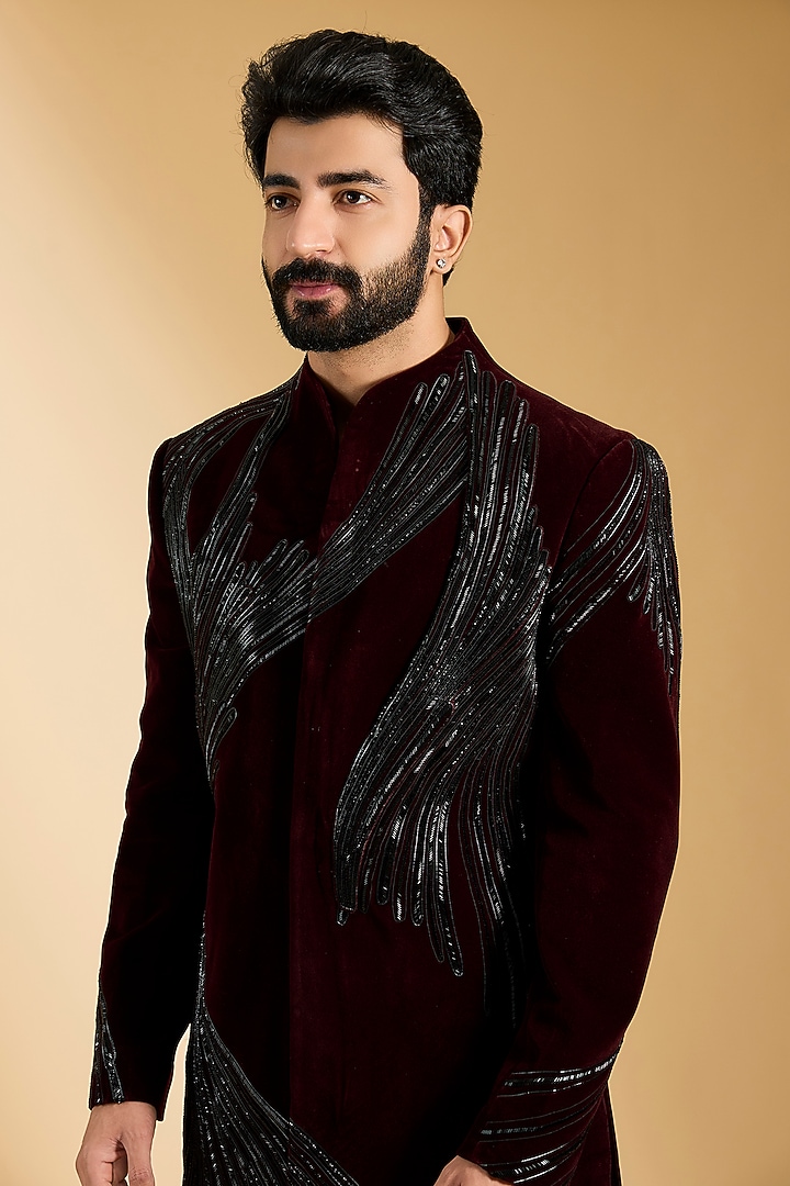Plum Velvet Groom Indowestern Set by Amit Aggarwal Men at Pernia's Pop Up Shop