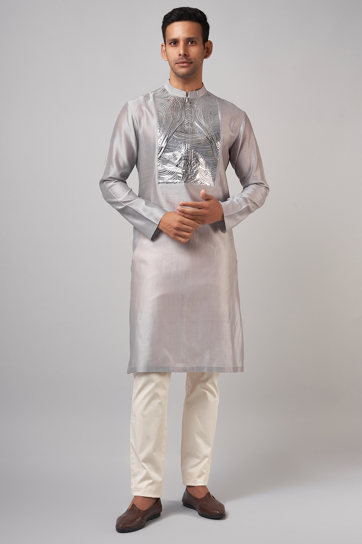 Silver Silk Chanderi Metallic Kurta Design by Amit Aggarwal Men at