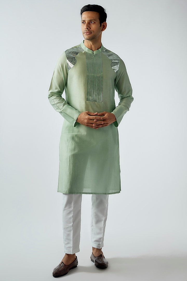 Mint Silk Chanderi Metallic Kurta by Amit Aggarwal Men