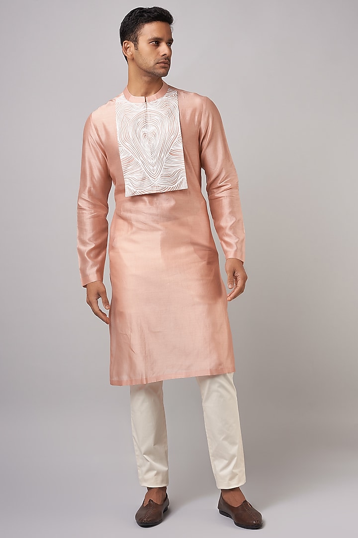 Blush Pink Silk Chanderi Handwoven Kurta by Amit Aggarwal Men