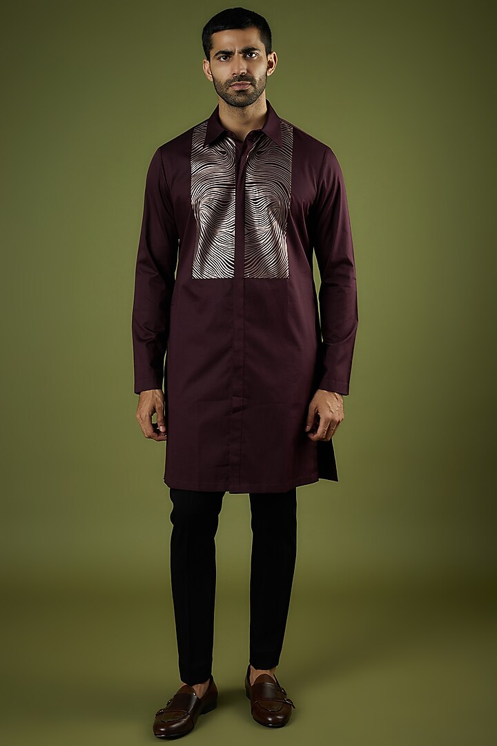 Plum Striped Fabric & Silk Chanderi Kurta by Amit Aggarwal Men