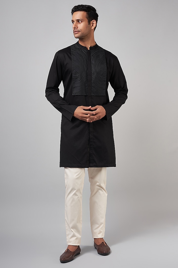 Black Striped Fabric & Silk Chanderi Kurta by Amit Aggarwal Men