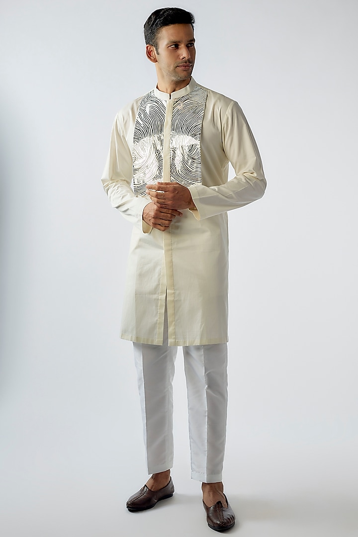 White Striped Fabric & Silk Chanderi Kurta by Amit Aggarwal Men