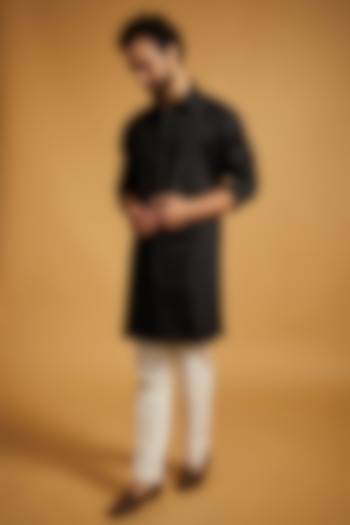 Black Silk Chanderi & Striped Fabric Kurta by Amit Aggarwal Men