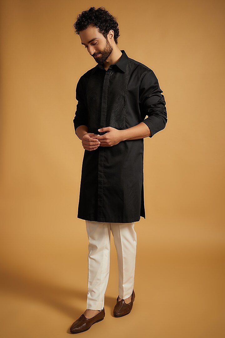 Black Silk Chanderi & Striped Fabric Kurta by Amit Aggarwal Men