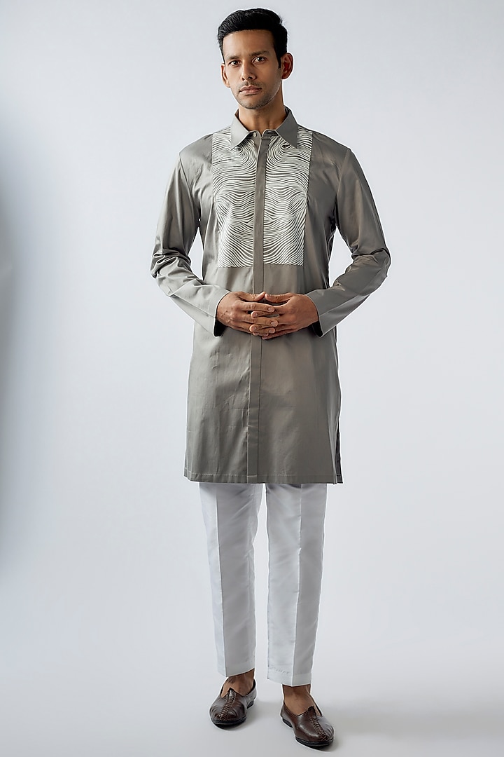 Grey Striped Fabric & Silk Chanderi Kurta by Amit Aggarwal Men