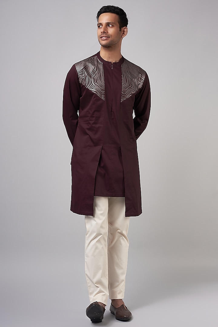 Plum Mesh Fabric & Cotton Satin Longline Shirt by Amit Aggarwal Men